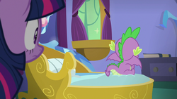Size: 1280x720 | Tagged: safe, screencap, spike, twilight sparkle, alicorn, dragon, pony, father knows beast, g4, bed, female, mare, out of context, twilight sparkle (alicorn), winged spike, wings