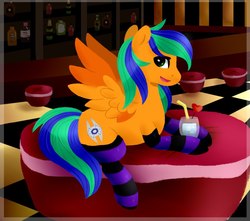 Size: 951x839 | Tagged: safe, artist:mshy, oc, oc only, oc:naarkerotics, pegasus, pony, bar, clothes, drink, socks, solo, straw, striped socks, ych result