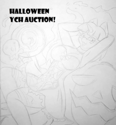 Size: 700x752 | Tagged: safe, artist:imaranx, oc, oc only, oc:pencil sketch, pony, unicorn, arm behind head, armpits, auction, candy, clothes, commission, cute, dress, food, for sale, halloween, holiday, lollipop, pencil drawing, pumpkin, random pony, sketch, skirt, solo, traditional art, your character here