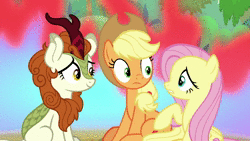 Size: 1280x720 | Tagged: safe, screencap, applejack, autumn blaze, fluttershy, earth pony, kirin, pegasus, pony, g4, sounds of silence, animated, cloven hooves, cowboy hat, female, fern, fire, forest, hat, magic, mountain, ring of fire, rock, sitting, sound, stone, stream of silence, tree, vine, webm