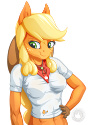 Size: 955x1351 | Tagged: safe, artist:mysticalpha, applejack, earth pony, anthro, g4, belly button, female, midriff, simple background, smiling, solo, white background