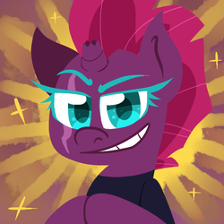 Size: 550x550 | Tagged: safe, artist:alittleofsomething, tempest shadow, pony, unicorn, g4, my little pony: the movie, broken horn, bust, clothes, colored eyelashes, eye scar, female, grin, horn, lineless, mare, portrait, scar, smiling, solo