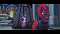 Size: 1280x720 | Tagged: safe, screencap, storm king, tempest shadow, twilight sparkle, alicorn, pony, unicorn, g4, my little pony: the movie, animated, armor, broken horn, eye scar, female, horn, male, mare, scar, smiling, sound, twilight sparkle (alicorn), webm