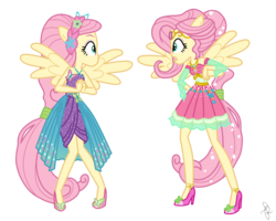 Size: 1600x1278 | Tagged: safe, artist:ilaria122, part of a set, fluttershy, equestria girls, equestria girls specials, g4, my little pony equestria girls: better together, my little pony equestria girls: forgotten friendship, my little pony equestria girls: rollercoaster of friendship, alternate hairstyle, alternate universe, braid, clothes, dress, duality, element of kindness, eyeshadow, flower, flower in hair, geode of fauna, guardian, guardians of harmony, high heels, jewelry, makeup, ponied up, self paradox, shoes, simple background, super ponied up, tiara, transparent background, vector