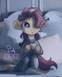 Size: 1529x1884 | Tagged: safe, artist:freeedon, oc, oc only, pony, bed, clothes, commission, cup, female, floppy ears, hair over one eye, hoof hold, looking up, pillow, sitting, solo, ych result