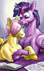 Size: 800x1280 | Tagged: safe, artist:capt_hairball, fluttershy, twilight sparkle, alicorn, pegasus, pony, g4, book, butterscotch, couple, cuddling, dusk shine, forelegs crossed, gasp, gay, male, open mouth, rule 63, ship:buttershine, ship:twishy, shipping, smiling, smirk, twilight sparkle (alicorn)