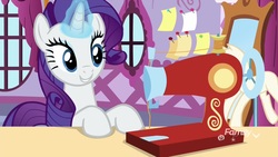 Size: 1920x1080 | Tagged: safe, screencap, rarity, pony, unicorn, father knows beast, g4, female, magic, magic aura, mare, sewing machine, solo