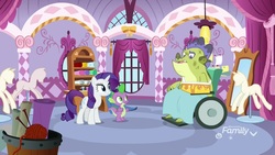 Size: 1920x1080 | Tagged: safe, screencap, rarity, sludge (g4), spike, dragon, pony, unicorn, father knows beast, g4, arm sling, carousel boutique, female, male, mare, trio, wheelchair, winged spike, wings