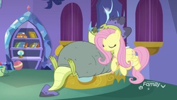 Size: 1920x1080 | Tagged: safe, screencap, fluttershy, sludge (g4), dragon, pegasus, pony, father knows beast, g4, blanket, eyes closed, female, flying, mare