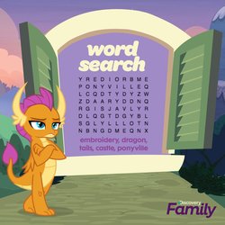 Size: 1080x1080 | Tagged: safe, smolder, dragon, g4, official, discovery family logo, dragoness, facebook, female, lidded eyes, puzzle, smolder is not amused, unamused, word search