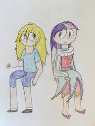 Size: 1024x1365 | Tagged: safe, artist:katiemae12, twilight sparkle, human, g4, adventure time, clothes, crossover, depressed, dress, duo, finn the human, humanized, jester, jester dress, looking at each other, male, sitting, traditional art