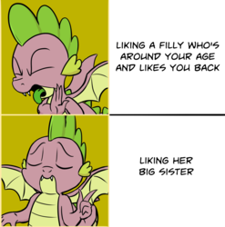 Size: 1350x1365 | Tagged: safe, artist:pony-berserker, spike, dragon, g4, molt down, adventure in the comments, comic, discussion in the comments, drake, eyes closed, hotline bling, implied rarity, implied shipping, implied sparity, implied straight, implied sweetie belle, male, meme, pun, solo, visual pun, winged spike, wings