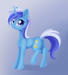 Size: 1004x1108 | Tagged: safe, artist:dusthiel, minuette, pony, unicorn, g4, female, gradient background, looking at you, looking sideways, mare, raised leg, smiling, solo, standing