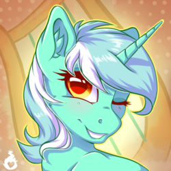Size: 600x600 | Tagged: safe, artist:serenity, lyra heartstrings, pony, unicorn, g4, blushing, cute, cutie mark background, female, heart, heart eyes, looking at you, lyrabetes, mare, one eye closed, smiling, solo, wingding eyes, wink