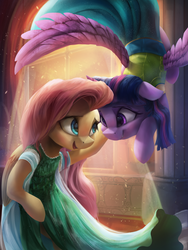 Size: 3000x4000 | Tagged: safe, artist:vanillaghosties, fluttershy, twilight sparkle, alicorn, pegasus, pony, g4, backlighting, clothes, costume, cute, dress, duo, female, frozen fever, indoors, looking at each other, mare, smiling, spread wings, twilight sparkle (alicorn), vanillaghosties is trying to murder us, wings