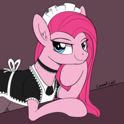 Size: 1100x1100 | Tagged: safe, artist:casualcolt, pinkie pie, earth pony, pony, g4, apron, choker, clothes, dress, female, looking at you, maid, maid headdress, mare, pantyhose, pinkamena diane pie, smiling, solo