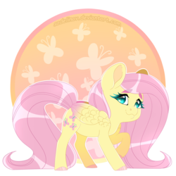 Size: 900x900 | Tagged: safe, artist:sadelinav, fluttershy, pegasus, pony, g4, circle, circle background, colored hooves, colored wings, colored wingtips, cute, cutie mark background, eyebrows, female, folded wings, looking at you, looking sideways, mare, raised hoof, shoulder feathers, shyabetes, simple background, smiling, solo, standing, transparent background, wings