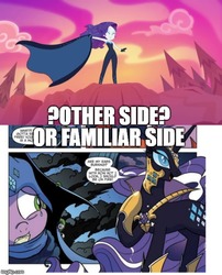 Size: 500x618 | Tagged: safe, edit, edited screencap, idw, official comic, screencap, nightmare rarity, rarity, spike, pony, unicorn, equestria girls, equestria girls series, g4, the other side, spoiler:comic, cape, clothes, female, mare