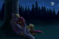 Size: 1024x683 | Tagged: safe, artist:zefirayn, oc, oc only, oc:vulpie, oc:wholeheart, earth pony, pegasus, pony, commission, digital art, eyes closed, female, folded wings, forest, love, male, mare, moon, night, oc x oc, shipping, sleeping, stallion, tree, vexel, wings, ych result