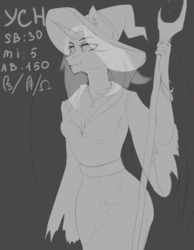 Size: 1024x1317 | Tagged: safe, artist:zefirayn, oc, oc only, anthro, advertisement, anthro oc, auction, clothes, commission, digital art, female, hat, mare, smiling, smirk, solo, staff, vexel, witch hat, your character here