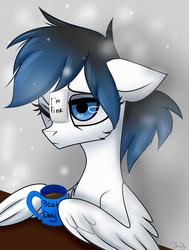 Size: 2800x3700 | Tagged: safe, artist:mysha, oc, oc only, oc:ice energy, pegasus, pony, coffee, coffee mug, femboy, high res, male, mug, note, one eye closed, solo, wing hold, ych result