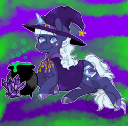 Size: 665x654 | Tagged: safe, artist:peachy-pea, oc, oc only, pony, unicorn, cauldron, female, halloween, halloween costume, hat, holiday, solo, witch, witch hat