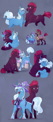 Size: 900x2070 | Tagged: safe, artist:vindhov, tempest shadow, trixie, oc, oc:moxie fizzlepop, classical unicorn, pony, unicorn, g4, armor, baby, baby carrier, baby pony, blank flank, blushing, broken horn, cape, clothes, cloven hooves, coat markings, colored hooves, crack shipping, curved horn, eye scar, female, flirting, gray background, hat, horn, leonine tail, lesbian, magic, magical lesbian spawn, mare, missing cutie mark, next generation, offspring, parent:tempest shadow, parent:trixie, parents:tempestrix, pregest shadow, pregnant, royal guard, scar, scar on the wrong side, ship:tempestrix, shipping, simple background, smiling, socks (coat markings), sparking horn, telekinesis, tempest becomes a royal guard, trixie's cape, trixie's hat, unshorn fetlocks