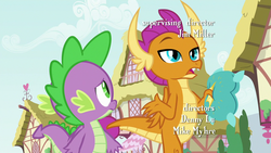 Size: 1280x720 | Tagged: safe, screencap, smolder, spike, dragon, father knows beast, g4, dragoness, duo, female, male, pillow, throw pillow, winged spike, wings