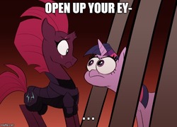 Size: 699x500 | Tagged: safe, artist:mickeymonster, edit, editor:apex soundwave, tempest shadow, twilight sparkle, alicorn, pony, unicorn, g4, my little pony: the movie, ..., armor, big eyes, broken horn, caption, crossing the memes, duo, eye scar, eyelight sparkle, female, gradient background, horn, image macro, impact font, mare, open up your *very* eyes, open up your eyes, scar, special eyes, text, twilight sparkle (alicorn)