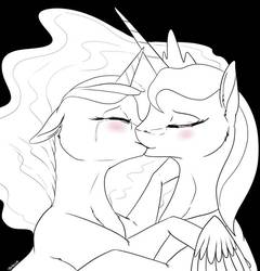 Size: 767x800 | Tagged: source needed, useless source url, safe, artist:backlash91, princess luna, twilight sparkle, alicorn, pony, unicorn, fanfic:the night is passing, g4, blushing, crying, fanfic, fanfic art, female, kiss on the lips, kissing, lesbian, mare, ship:twiluna, shipping