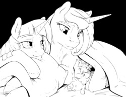 Size: 1280x989 | Tagged: safe, artist:silfoe, princess luna, twilight sparkle, oc, oc:pterus, alicorn, bat pony, pony, royal sketchbook, adopted offspring, bed, bed hair, black and white, black background, colt, doll, female, foal, grayscale, lesbian, male, mama twilight, maternal instinct, maternaluna, monochrome, mother and son, parent:princess luna, parent:twilight sparkle, parents:twiluna, shipping, silfoe is trying to murder us, simple background, sleeping, teddy bear, toy, twilight sparkle (alicorn), twiluna, ursa plush, wing blanket