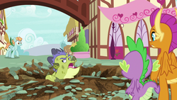 Size: 1280x720 | Tagged: safe, screencap, sludge (g4), smolder, spike, dragon, pegasus, pony, father knows beast, g4, background pony, crater, dragoness, female, male, mare