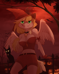 Size: 2000x2500 | Tagged: safe, artist:reysi, oc, oc only, oc:dandelion blossom, cat, anthro, anthro oc, black cat, breasts, cleavage, clothes, commission, digital art, female, grin, halloween, halloween costume, high res, holiday, jack-o-lantern, mare, pumpkin, shorts, smiling, witch, ych result