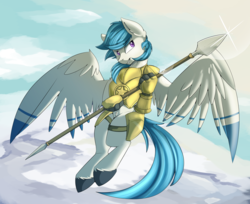 Size: 5344x4352 | Tagged: safe, artist:beardie, oc, oc only, oc:delta dart, pony, absurd resolution, armor, commission, flying, solo, spear, weapon