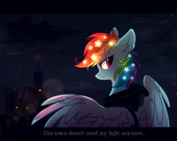 Size: 2236x1788 | Tagged: safe, artist:mirtash, rainbow dash, pegasus, pony, rcf community, g4, bust, ethereal mane, female, looking back, manehattan, mare, night, profile, sad, solo, spread wings, starry mane, stars, wallpaper, wings