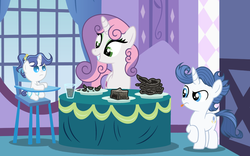 Size: 2828x1760 | Tagged: safe, artist:velveagicsentryyt, sweetie belle, oc, oc:sky city, oc:spectrum night, pony, g4, aunt and nephew, aunt and niece, baby, baby pony, colt, cooking, food, male, offspring, older, parent:fancypants, parent:rarity, parents:raripants, sweetie belle can't cook, sweetie fail