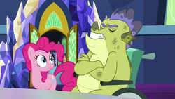 Size: 1280x720 | Tagged: safe, screencap, pinkie pie, sludge (g4), dragon, earth pony, pony, father knows beast, g4, crossed arms, dirty, duo, eyes closed, female, male, mare, wheelchair