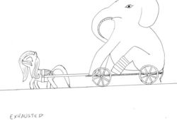 Size: 641x437 | Tagged: safe, artist:tascoby, fluttershy, elephant, g4, cart, harness, monochrome, pony pulls the wagon, pulling