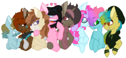 Size: 1045x481 | Tagged: safe, artist:thatonefluffs, oc, oc only, oc:alexa, oc:clear skye, oc:maple festival, oc:moonlight, oc:seafoam scribbles, oc:strawberry pie, oc:synchronize, chest fluff, clothes, group photo, group shot, hearts above head, scarf, shipping, simple background, transparent background