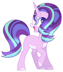 Size: 1512x1716 | Tagged: safe, artist:leanne264, starlight glimmer, pony, g4, alternate design, blaze (coat marking), coat markings, ethereal mane, facial markings, female, mare, missing cutie mark, open mouth, pale belly, rainbow power, raised hoof, redesign, simple background, solo, starry mane, transparent background