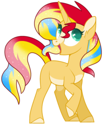 Size: 1372x1664 | Tagged: safe, artist:leanne264, sunset shimmer, pony, unicorn, g4, alternate design, blaze (coat marking), coat markings, ethereal mane, facial markings, female, mare, missing cutie mark, open mouth, pale belly, rainbow power, raised hoof, redesign, simple background, solo, starry mane, transparent background