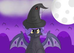 Size: 7016x4961 | Tagged: safe, artist:keksiarts, oc, oc only, oc:misty night, bat pony, pony, absurd resolution, bat pony oc, bat wings, canterlot avenue, clothes, contest, contest entry, cute, digital art, event, female, full moon, halloween, hat, holiday, mare, moon, simple background, solo, wings, witch
