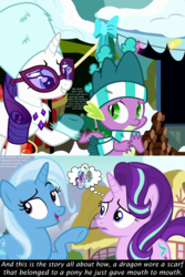 Size: 2000x2992 | Tagged: safe, artist:art-2u, edit, edited screencap, hundreds of users filter this tag, screencap, rarity, spike, starlight glimmer, trixie, pony, unicorn, best gift ever, g4, clothes, dialogue, female, high res, it was at this moment that she knew she fucked up, kissing, love triangle, male, mistletoe, scarf, ship:sparity, ship:sparlight, shipping, snow, straight, text, the fresh prince of bel-air