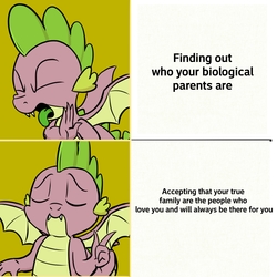 Size: 2048x2048 | Tagged: safe, artist:pony-berserker edits, edit, spike, dragon, father knows beast, g4, molt down, comic, drake, eyes closed, high res, male, meme, pun, solo, visual pun, winged spike, wings