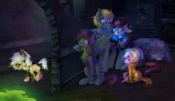 Size: 1500x865 | Tagged: safe, artist:limreiart, pinkie pie, oc, oc:blackjack, oc:firefly (fallout equestria: promise), oc:gray stillness, oc:littlepip, oc:murky, oc:puppysmiles, cyborg, earth pony, pegasus, pony, unicorn, fallout equestria, fallout equestria: enclave's shadow, fallout equestria: murky number seven, fallout equestria: pink eyes, fallout equestria: project horizons, fallout equestria: promise, g4, angry, canterlot ghoul, chest fluff, clothes, eyes closed, fanfic, fanfic art, female, filly, floppy ears, foal, grand pegasus enclave, hazmat suit, heterochromia, hoof fluff, hooves, horn, jumpsuit, mare, ministry of awesome, nervous, open mouth, pipbuck, plushie, scared, sitting, sweat, teeth, vault suit