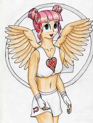 Size: 2482x3256 | Tagged: safe, artist:40kponyguy, derpibooru exclusive, majorette, sweeten sour, equestria girls, belly button, clothes, cute, exeron fighters, female, hair bun, looking at you, midriff, miniskirt, ponied up, requested art, skirt, solo, traditional art, wings