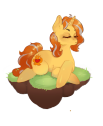 Size: 853x1033 | Tagged: safe, artist:helskel, oc, oc only, oc:cinderheart, pony, unicorn, commission, eyes closed, female, floating, floating island, grass, mare, simple background, solo, transparent background, ych result