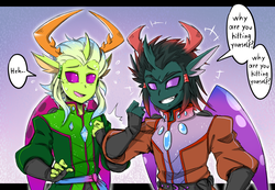 Size: 1300x900 | Tagged: safe, artist:thegreatrouge, pharynx, thorax, changedling, changeling, anthro, g4, to change a changeling, brothers, changedling brothers, clothes, dialogue, king thorax, male, open mouth, prince pharynx, speech bubble