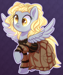 Size: 700x827 | Tagged: safe, artist:cabbage-arts, derpy hooves, pegasus, pony, g4, alternate hairstyle, blonde, clothes, crossover, cute, derpabetes, dress, elegant, female, mare, mrs lovett, smiling, solo, sweeney todd
