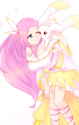 Size: 1134x1800 | Tagged: safe, artist:jonfawkes, angel bunny, fluttershy, human, rabbit, g4, anime, breasts, busty fluttershy, choker, clothes, cute, dress, female, humanized, shyabetes, simple background, smiling, white background, winged humanization, wings